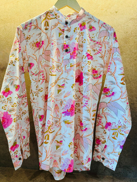 White Floral Pure Cotton Full Sleeve Short Kurta For Men