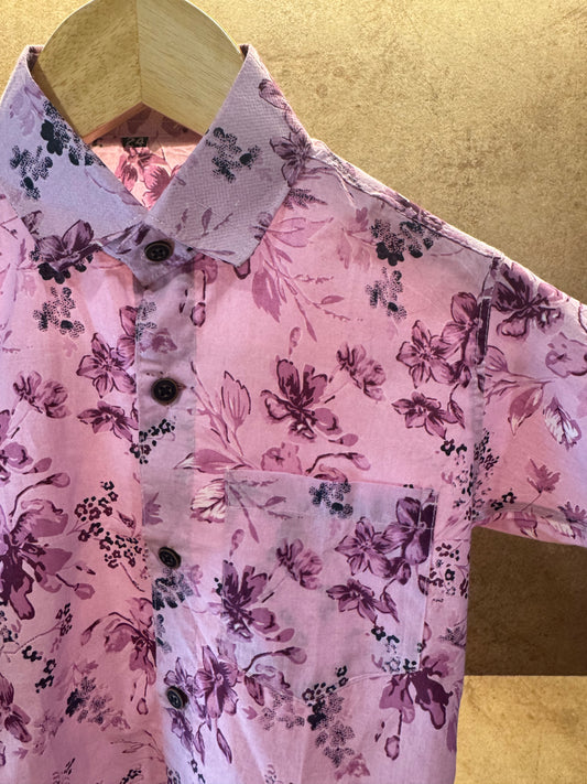 Lavender Floral Print Half Sleeve Shirt For Boys
