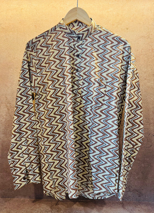 Yellow Zig Zag Pure Cotton Full Sleeve Short Kurta For Men