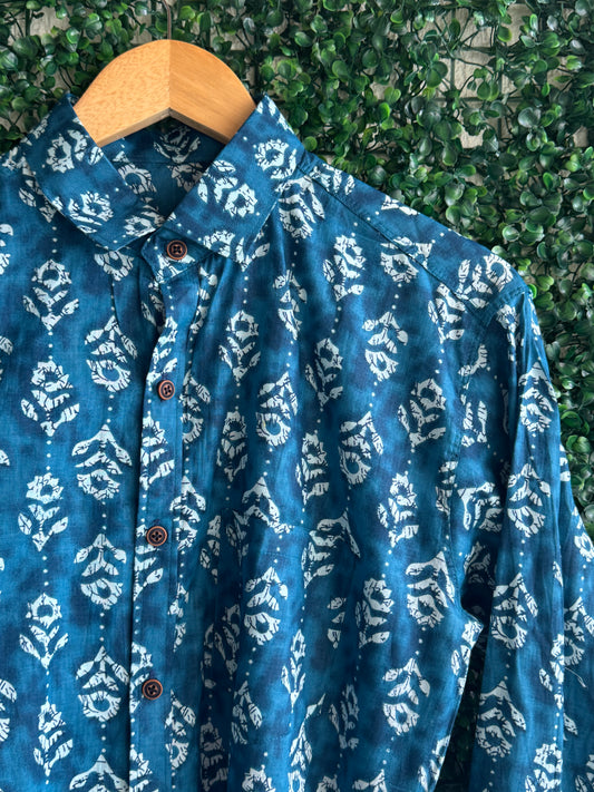 Indigo Motif Pure Cotton Printed Full Sleeve Shirt For Men