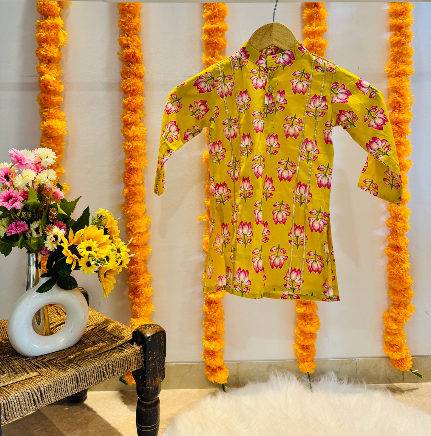 Yellow Pink Lotus Gotta Patti Print Kurta Set for Boys