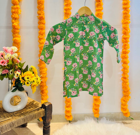 Green Katha Cotton Printed Kurta Set for Boys