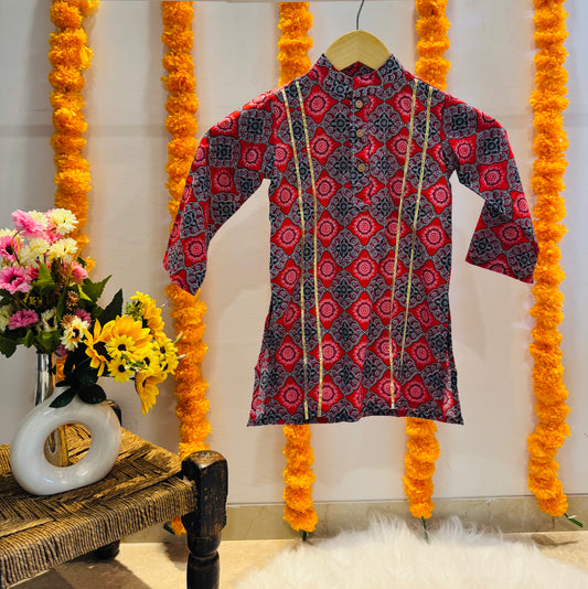 Pink Ajrakh Gotta Patti Print Kurta Set for Boys