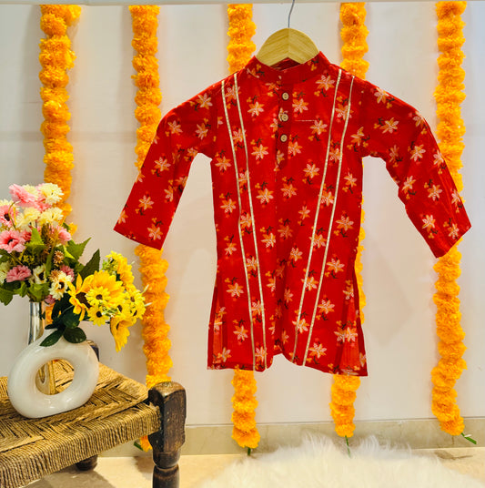 Red Floral Gotta Patti Print Kurta Set for Boys