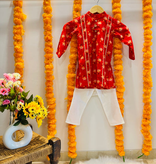 Red Floral Gotta Patti Print Kurta Set for Boys