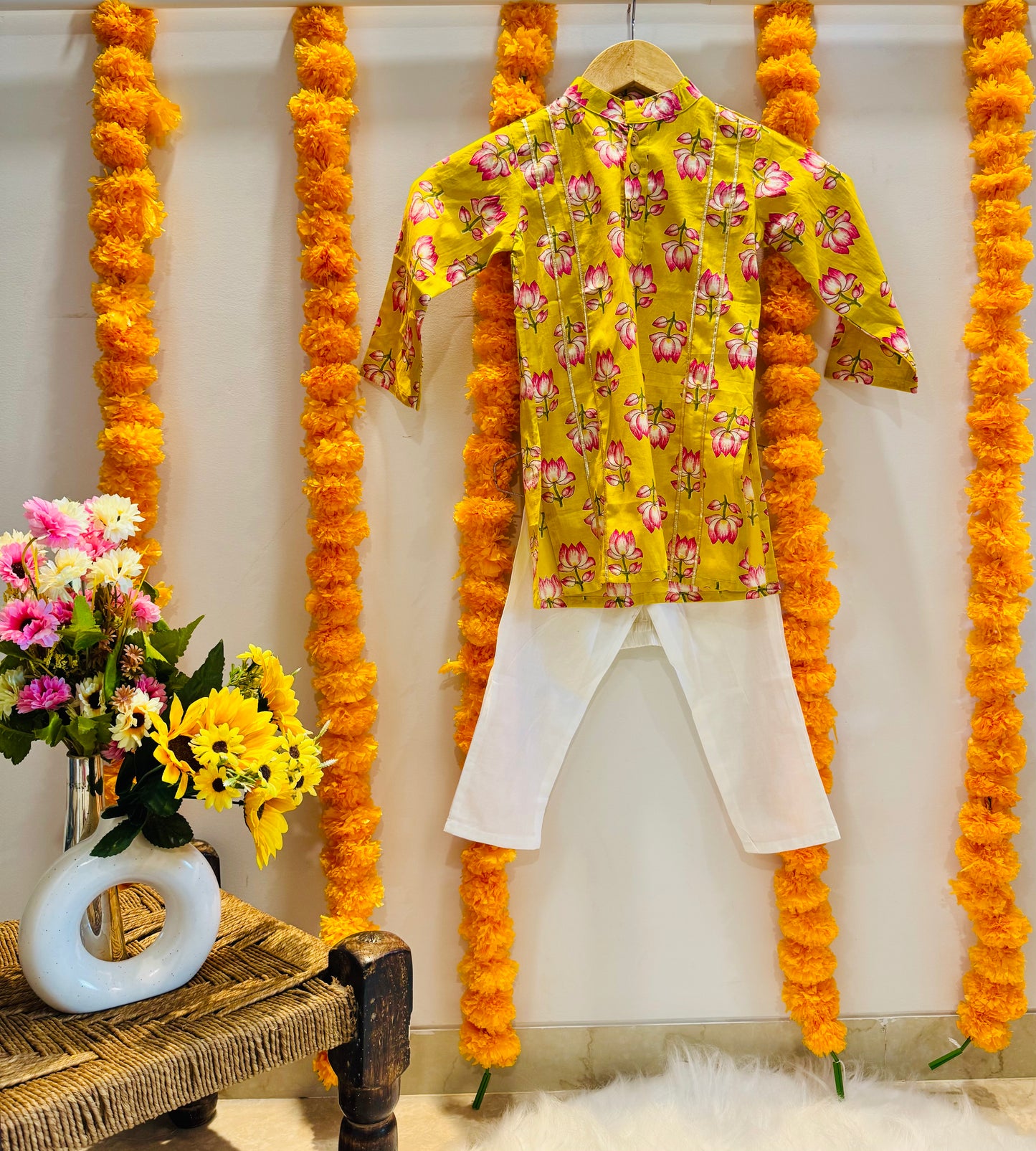 Yellow Pink Lotus Gotta Patti Print Kurta Set for Boys