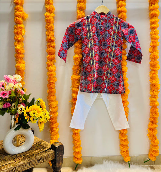 Pink Ajrakh Gotta Patti Print Kurta Set for Boys