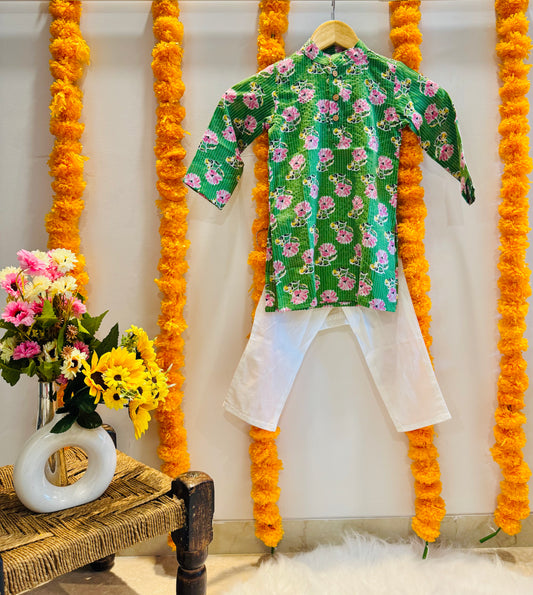 Green Katha Cotton Printed Kurta Set for Boys