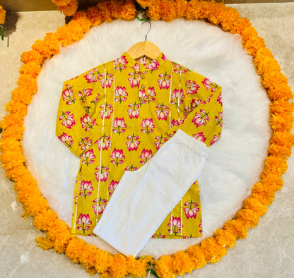 Yellow Pink Lotus Gotta Patti Print Kurta Set for Boys