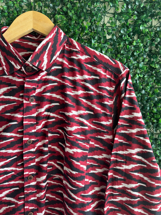 Maroon Black Zig Zag Pure Cotton Printed Full Sleeve Shirt For Men