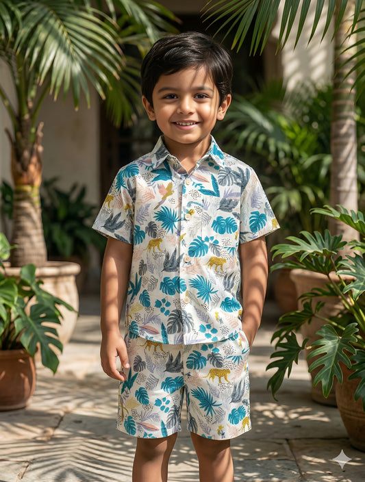 White Tropical Jungle Print Half Sleeve Co-ord Set For Boys