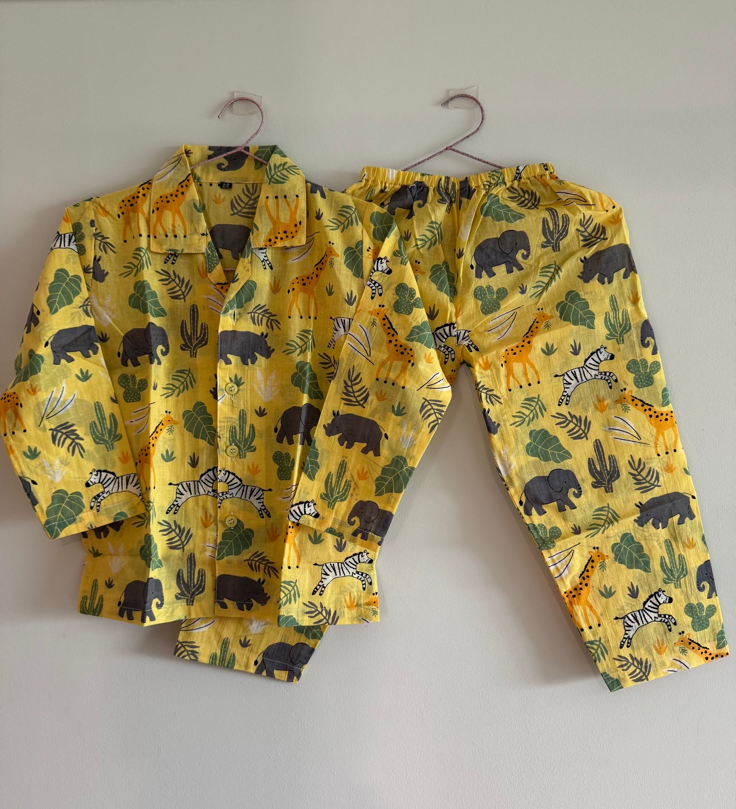 Yellow Jungle Theme Printed Unisex Kids Night Suit