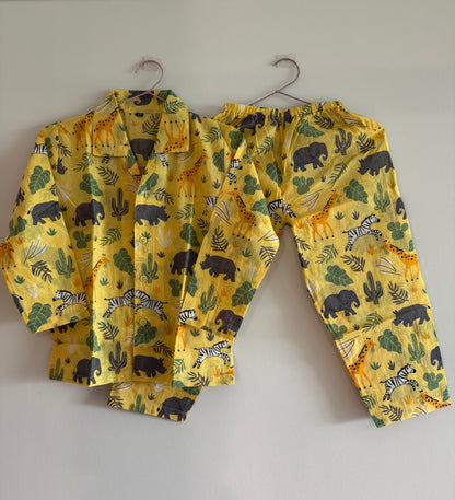 Yellow Jungle Theme Printed Unisex Kids Night Suit