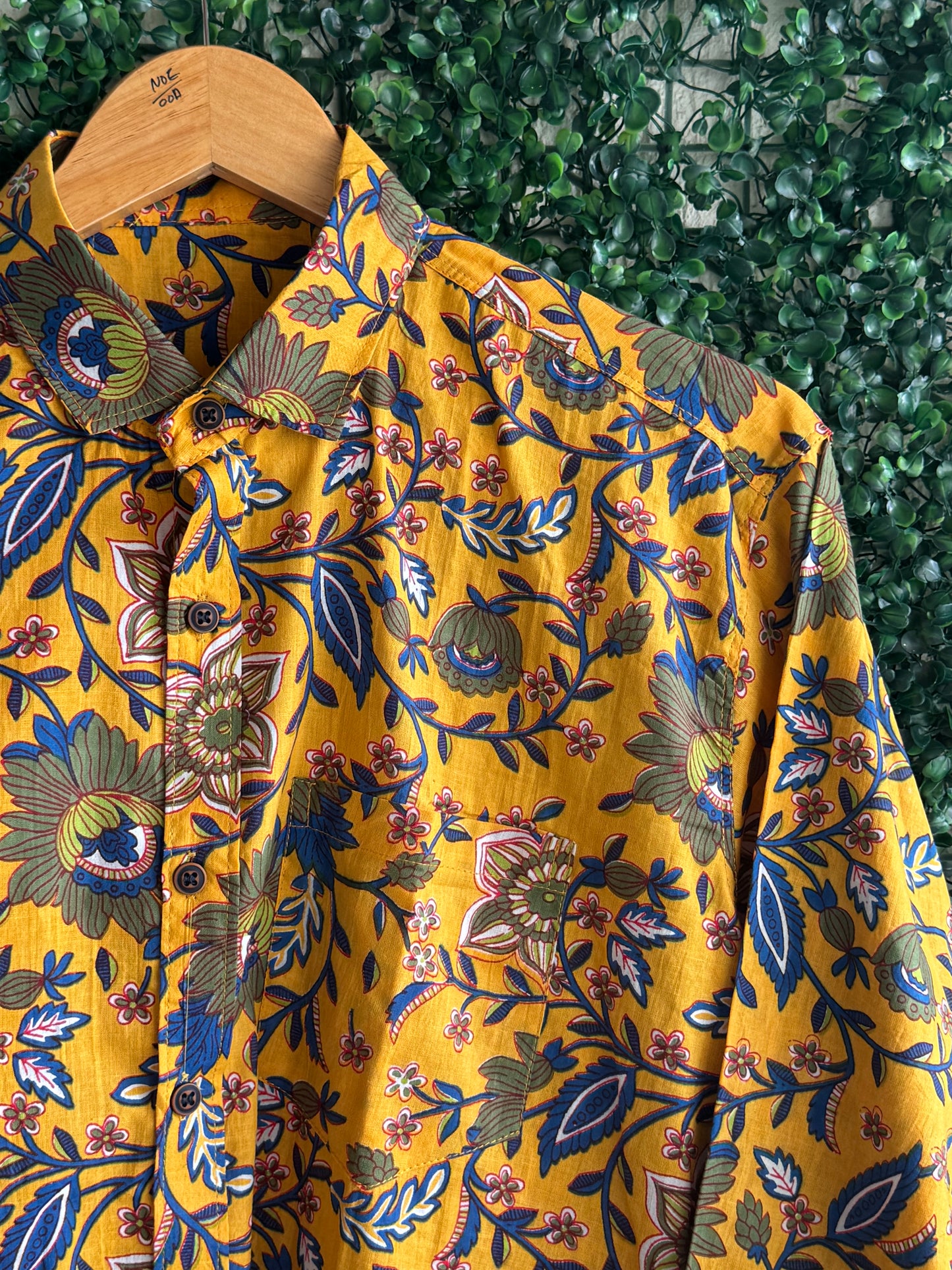 Yellow Floral Pure Cotton Printed Full Sleeve Shirt For Men