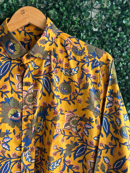 Yellow Floral Pure Cotton Printed Full Sleeve Shirt For Men