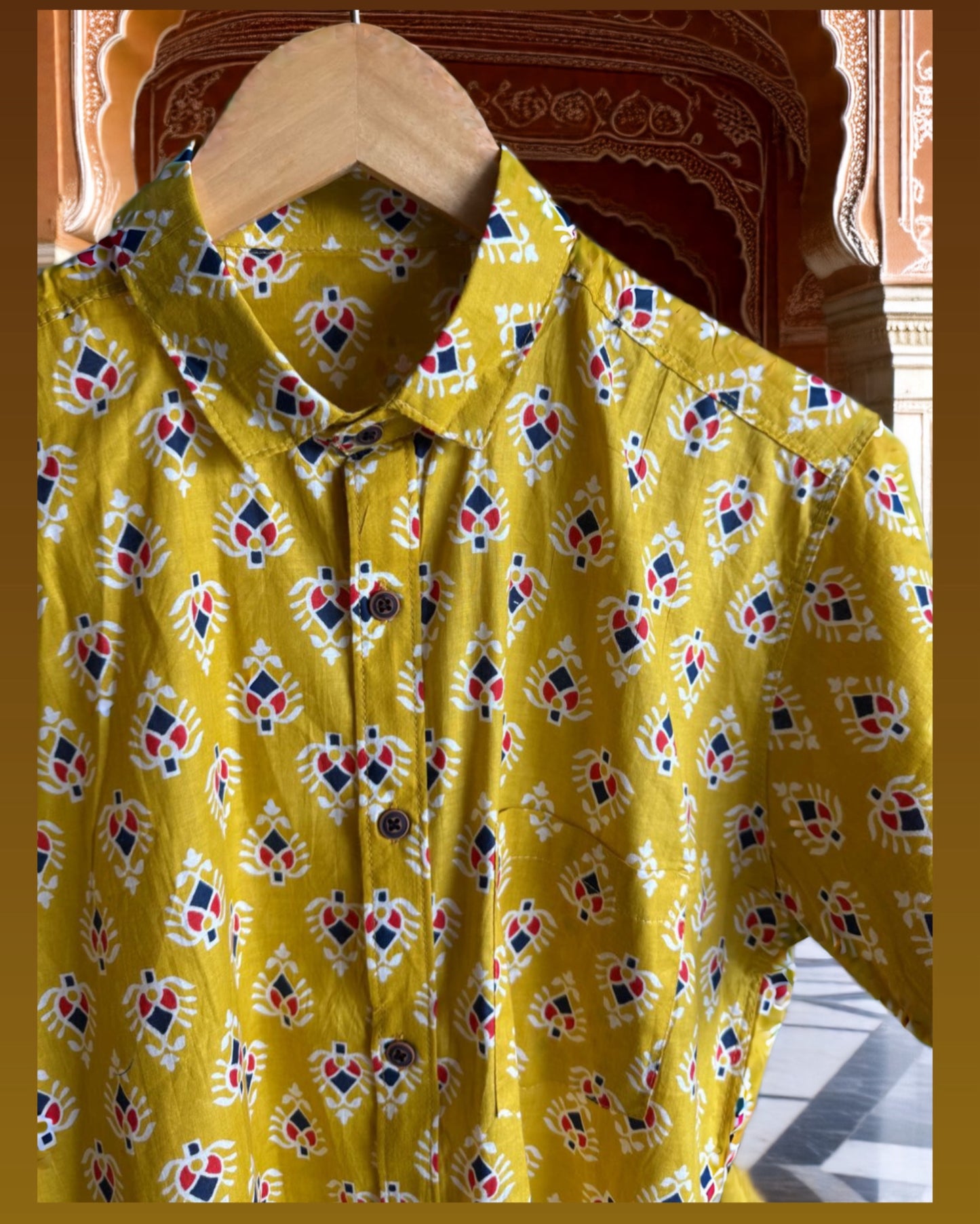 Yellow Motif Pure Cotton Printed Half Sleeve Shirt For Men