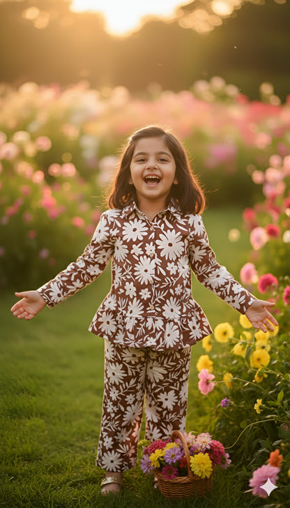 Brown Floral Print Night Co-ord Set For Girls With Frills