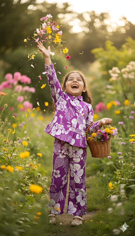 Purple Floral Print Night Co-ord Set For Girls With Frills