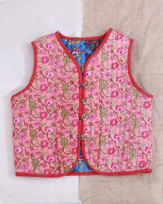 Reversible Sleeveless Cotton Printed Quilted Jacket for Kids | Pink | Blue