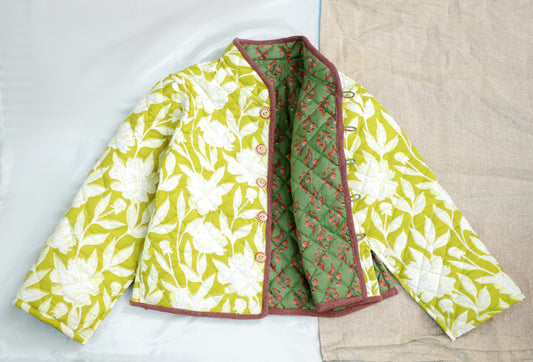 Reversible Full Sleeves Cotton Printed Quilted Jacket for Kids | Neon Green