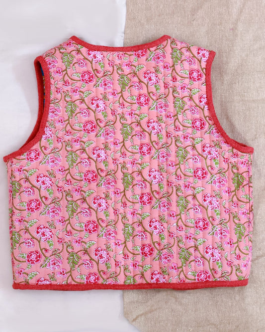 Reversible Sleeveless Cotton Printed Quilted Jacket for Kids | Pink | Blue