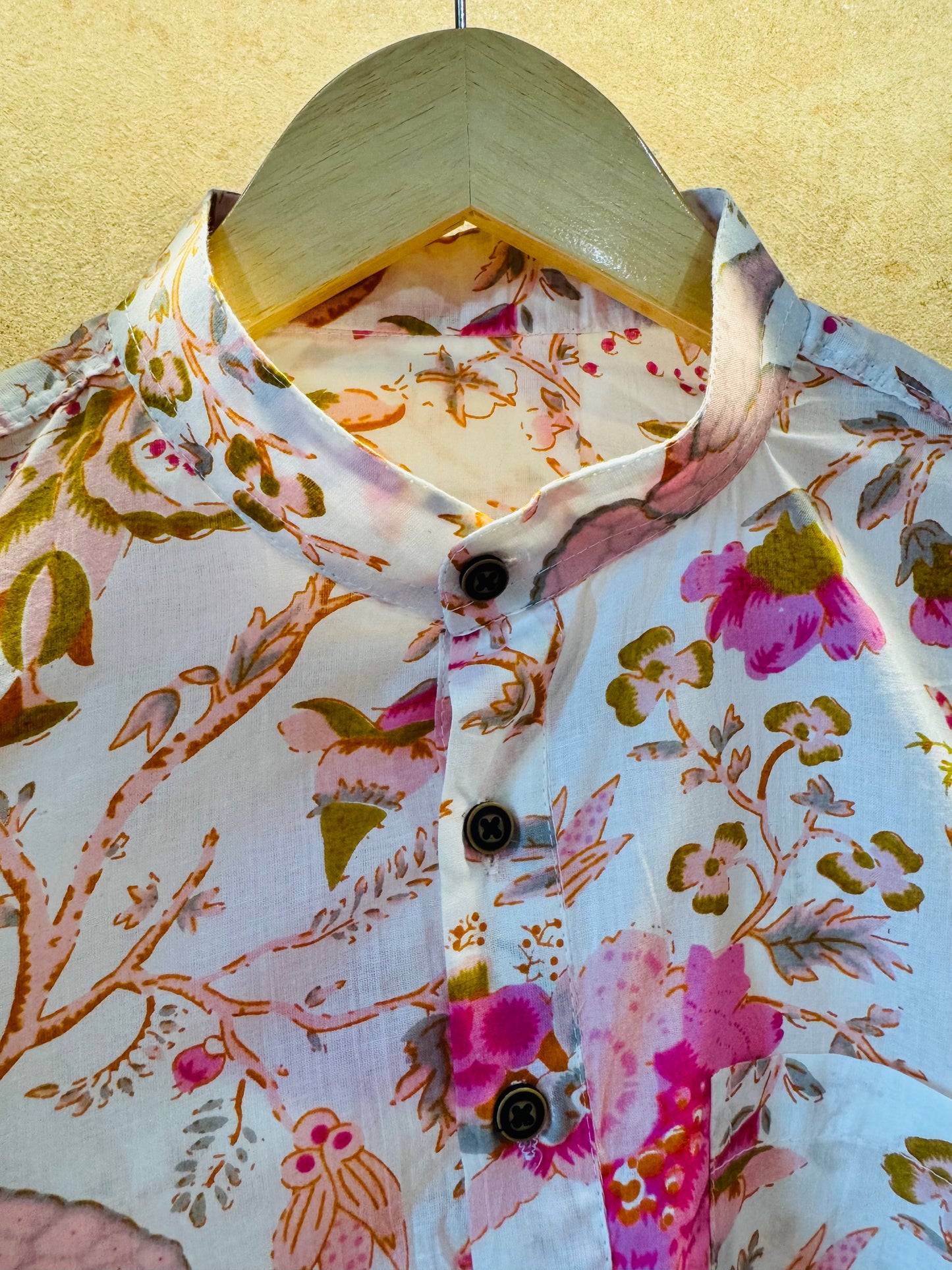 White Floral Pure Cotton Full Sleeve Short Kurta For Men